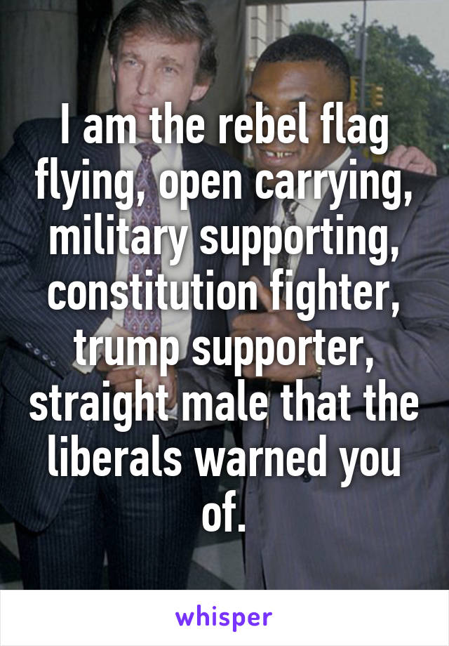 I am the rebel flag flying, open carrying, military supporting, constitution fighter, trump supporter, straight male that the liberals warned you of.