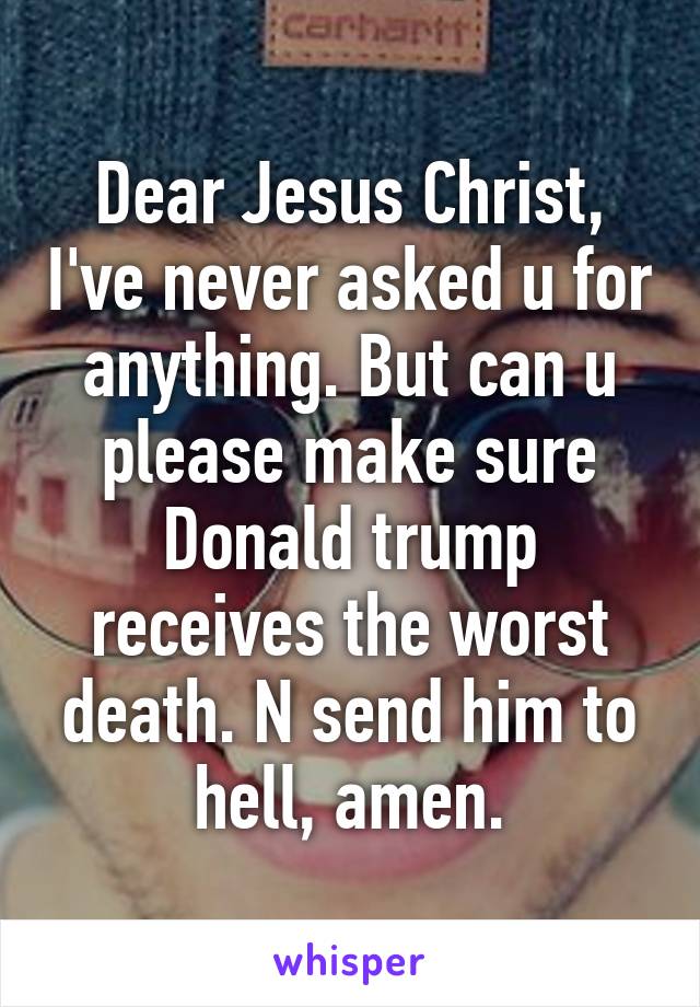 Dear Jesus Christ, I've never asked u for anything. But can u please make sure Donald trump receives the worst death. N send him to hell, amen.