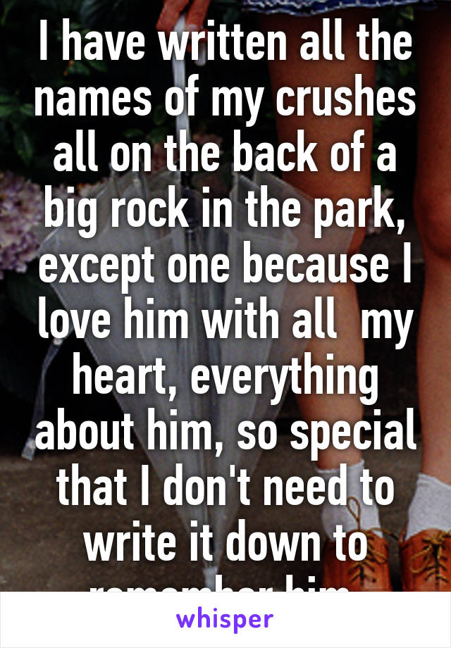 I have written all the names of my crushes all on the back of a big rock in the park, except one because I love him with all  my heart, everything about him, so special that I don't need to write it down to remember him.