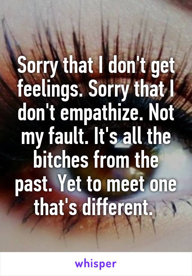 Sorry that I don't get feelings. Sorry that I don't empathize. Not my fault. It's all the bitches from the past. Yet to meet one that's different. 