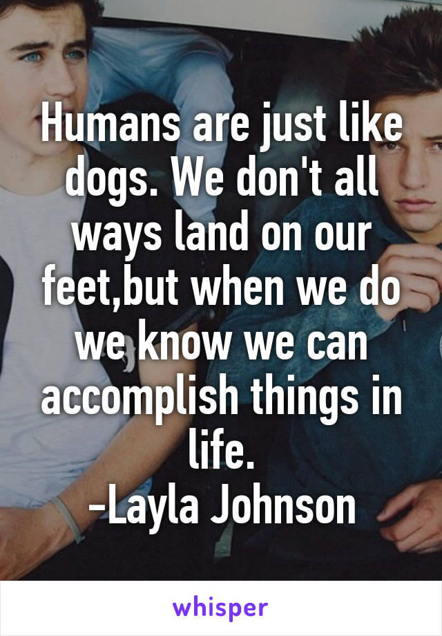 Humans are just like dogs. We don't all ways land on our feet,but when we do we know we can accomplish things in life.
-Layla Johnson