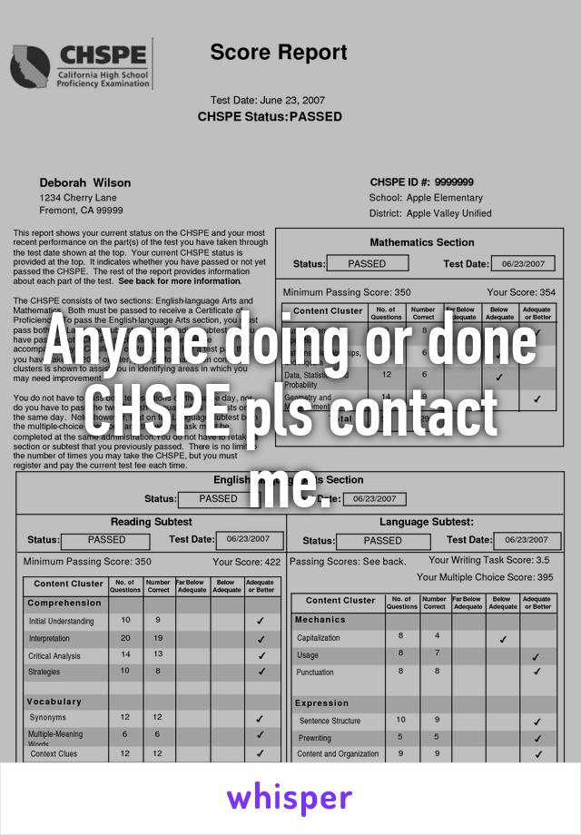 Anyone doing or done CHSPE pls contact me.