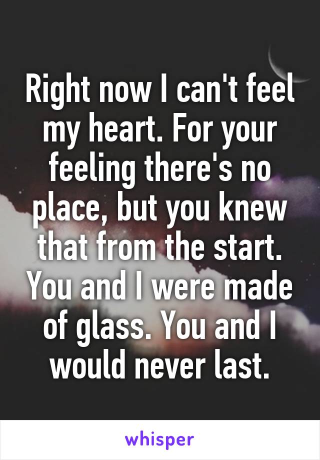 Right now I can't feel my heart. For your feeling there's no place, but you knew that from the start. You and I were made of glass. You and I would never last.