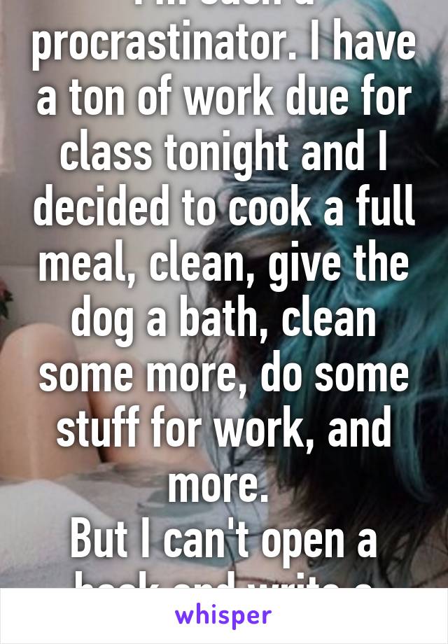 I'm such a procrastinator. I have a ton of work due for class tonight and I decided to cook a full meal, clean, give the dog a bath, clean some more, do some stuff for work, and more. 
But I can't open a book and write a damn discussion... 