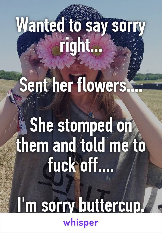 Wanted to say sorry right...

Sent her flowers....

She stomped on them and told me to fuck off....

I'm sorry buttercup.