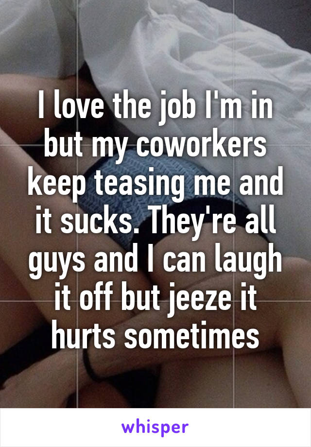 I love the job I'm in but my coworkers keep teasing me and it sucks. They're all guys and I can laugh it off but jeeze it hurts sometimes