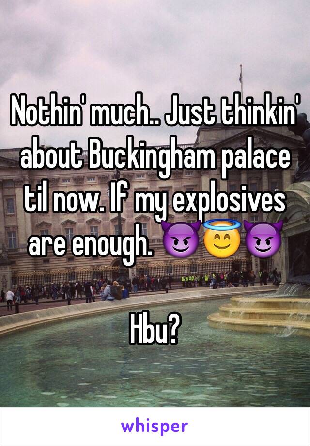 Nothin' much.. Just thinkin' about Buckingham palace til now. If my explosives are enough. 😈😇😈

Hbu? 