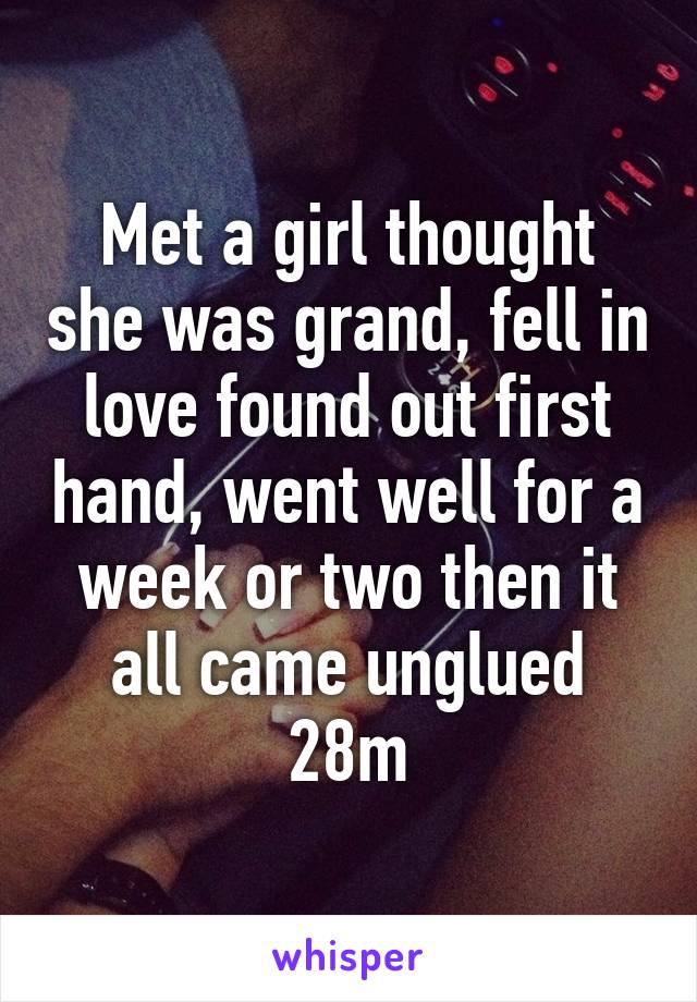 Met a girl thought she was grand, fell in love found out first hand, went well for a week or two then it all came unglued
28m