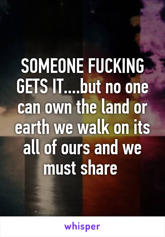 SOMEONE FUCKING GETS IT....but no one can own the land or earth we walk on its all of ours and we must share 