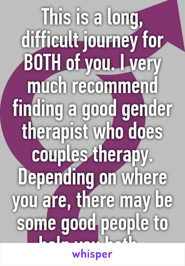 This is a long, difficult journey for BOTH of you. I very much recommend finding a good gender therapist who does couples therapy. Depending on where you are, there may be some good people to help you both. 