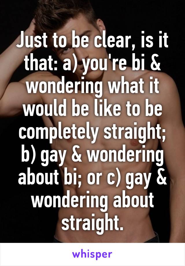 Just to be clear, is it that: a) you're bi & wondering what it would be like to be completely straight; b) gay & wondering about bi; or c) gay & wondering about straight.