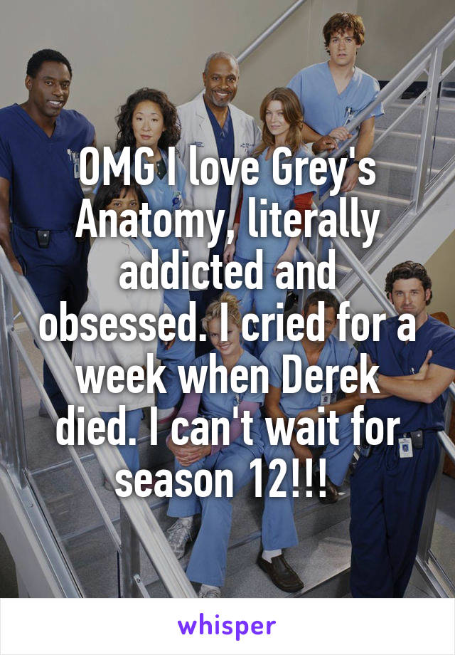 OMG I love Grey's Anatomy, literally addicted and obsessed. I cried for a week when Derek died. I can't wait for season 12!!! 