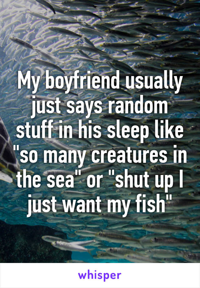 My boyfriend usually just says random stuff in his sleep like "so many creatures in the sea" or "shut up I just want my fish"