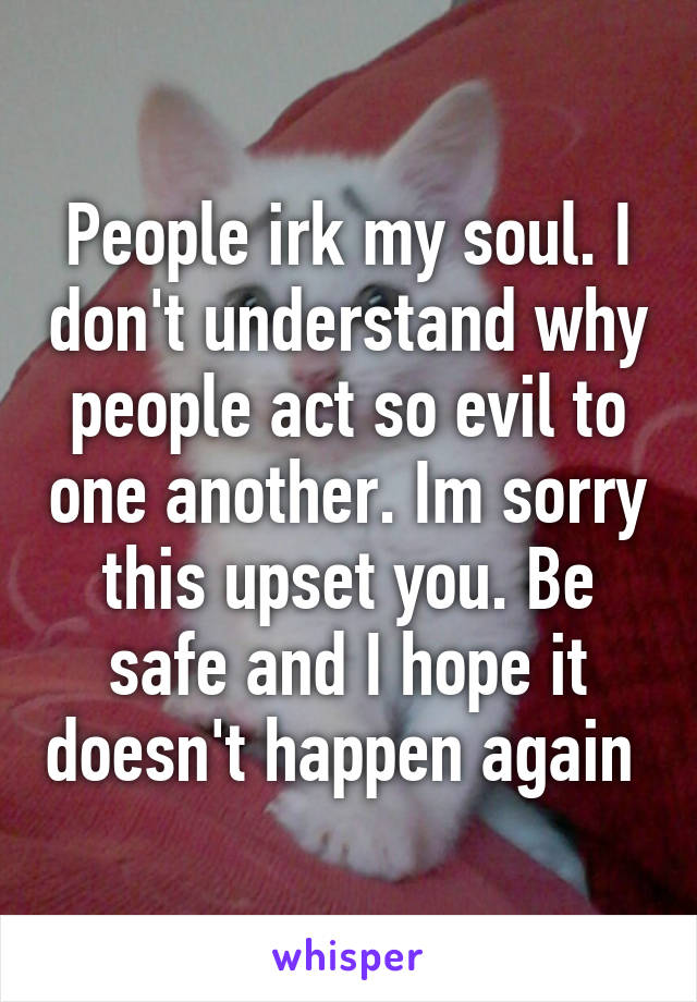 People irk my soul. I don't understand why people act so evil to one another. Im sorry this upset you. Be safe and I hope it doesn't happen again 