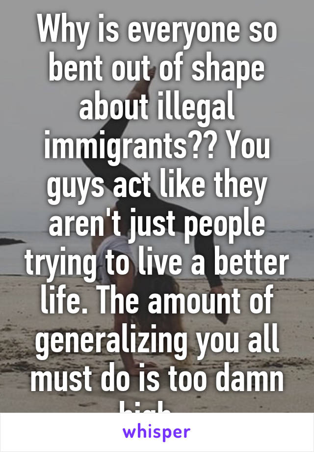 Why is everyone so bent out of shape about illegal immigrants?? You guys act like they aren't just people trying to live a better life. The amount of generalizing you all must do is too damn high.  