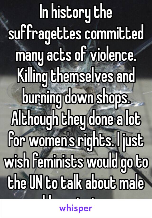 In history the suffragettes committed many acts of violence. Killing themselves and burning down shops. Although they done a lot for women's rights. I just wish feminists would go to the UN to talk about male problems just once. 