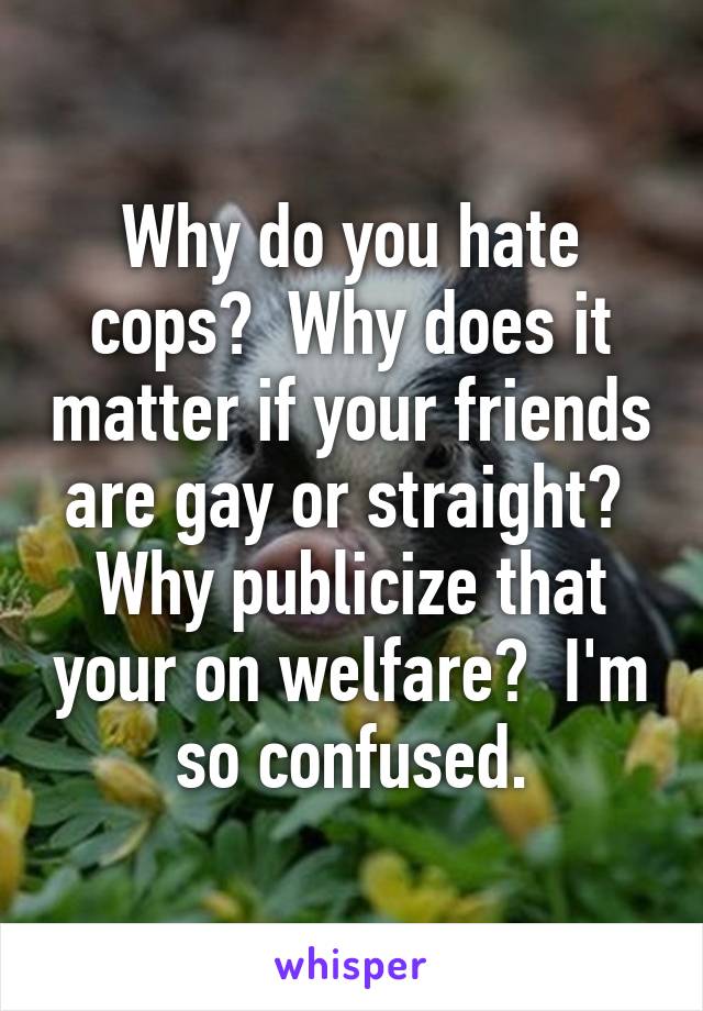 Why do you hate cops?  Why does it matter if your friends are gay or straight?  Why publicize that your on welfare?  I'm so confused.