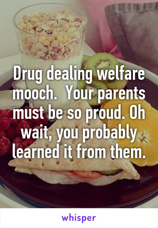 Drug dealing welfare mooch.  Your parents must be so proud. Oh wait, you probably learned it from them.