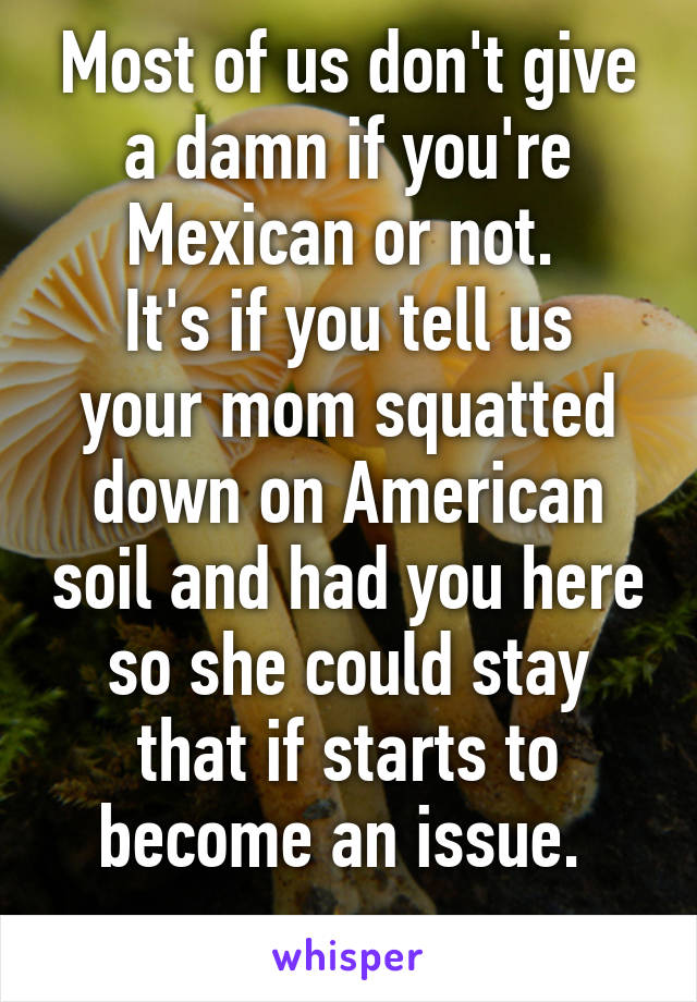 Most of us don't give a damn if you're Mexican or not. 
It's if you tell us your mom squatted down on American soil and had you here so she could stay that if starts to become an issue. 
