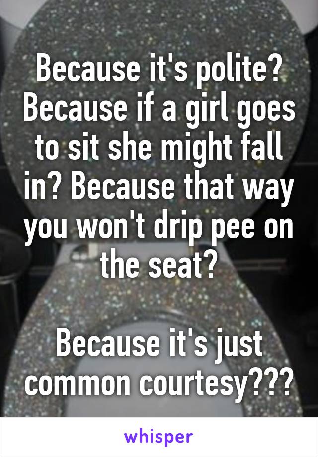 Because it's polite? Because if a girl goes to sit she might fall in? Because that way you won't drip pee on the seat?

Because it's just common courtesy???