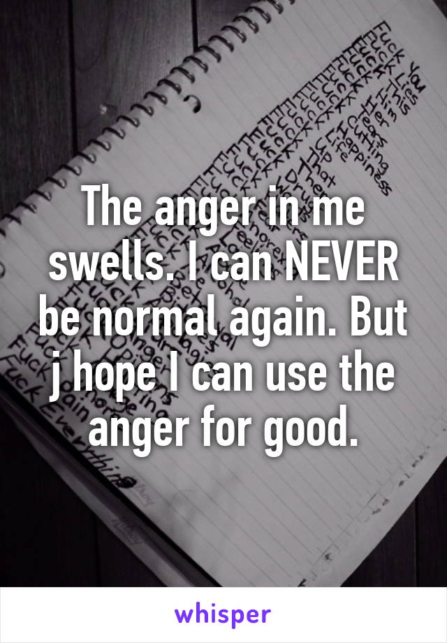 The anger in me swells. I can NEVER be normal again. But j hope I can use the anger for good.