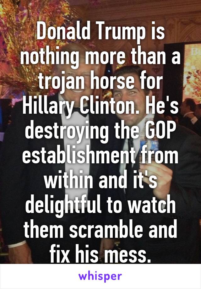 Donald Trump is nothing more than a trojan horse for Hillary Clinton. He's destroying the GOP establishment from within and it's delightful to watch them scramble and fix his mess.