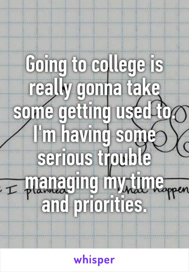 Going to college is really gonna take some getting used to. I'm having some serious trouble managing my time and priorities.