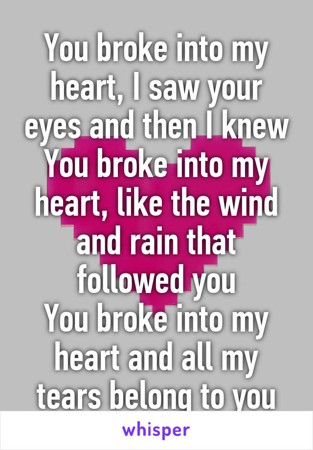 You broke into my heart, I saw your eyes and then I knew
You broke into my heart, like the wind and rain that followed you
You broke into my heart and all my tears belong to you