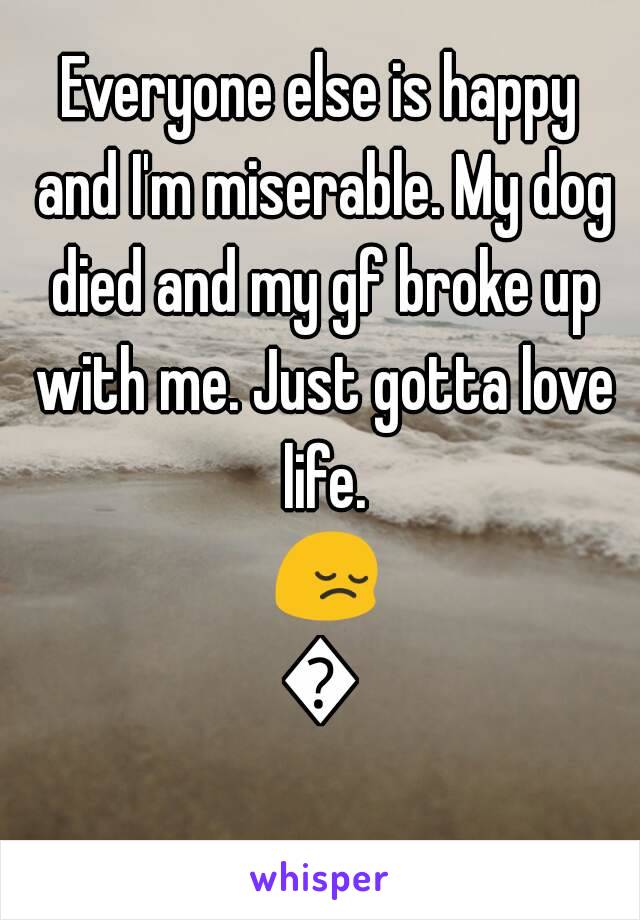 Everyone else is happy and I'm miserable. My dog died and my gf broke up with me. Just gotta love life. 😔🔫