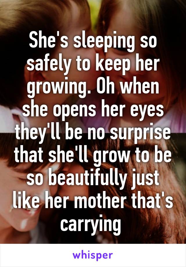 She's sleeping so safely to keep her growing. Oh when she opens her eyes they'll be no surprise that she'll grow to be so beautifully just like her mother that's carrying 