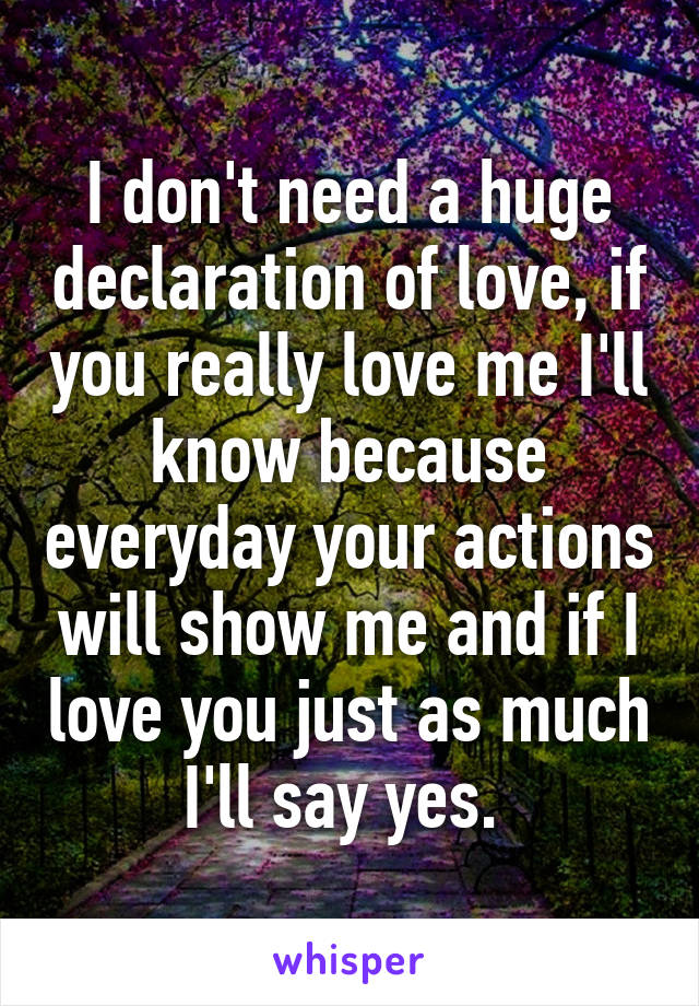 I don't need a huge declaration of love, if you really love me I'll know because everyday your actions will show me and if I love you just as much I'll say yes. 