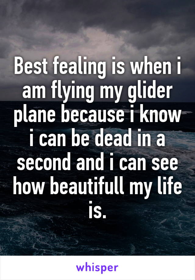 Best fealing is when i am flying my glider plane because i know i can be dead in a second and i can see how beautifull my life is.