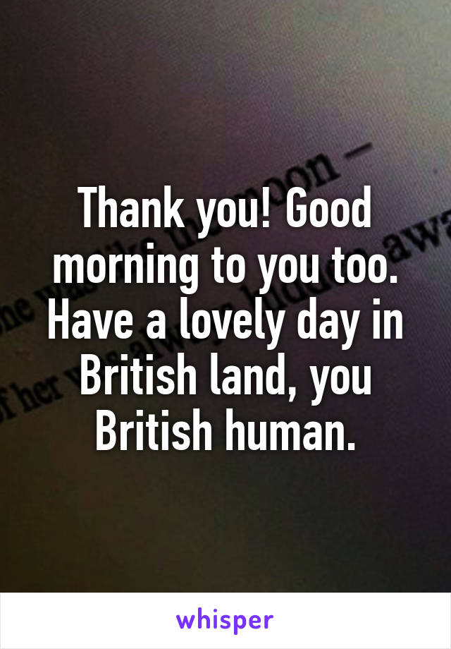 Thank you! Good morning to you too. Have a lovely day in British land, you British human.