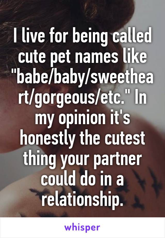 I live for being called cute pet names like "babe/baby/sweetheart/gorgeous/etc." In my opinion it's honestly the cutest thing your partner could do in a relationship.