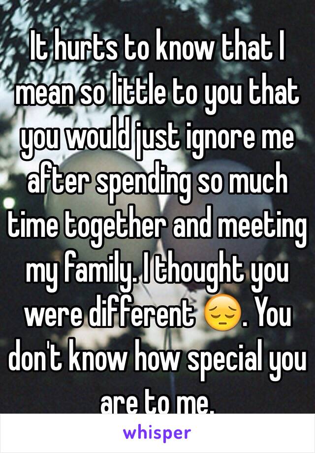 It hurts to know that I mean so little to you that you would just ignore me after spending so much time together and meeting my family. I thought you were different 😔. You don't know how special you are to me. 