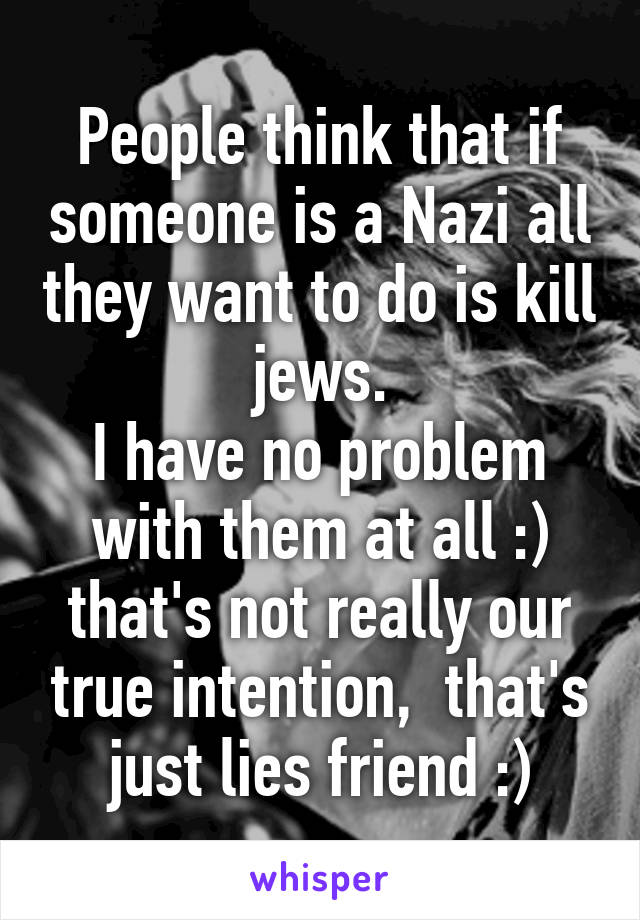 People think that if someone is a Nazi all they want to do is kill jews.
I have no problem with them at all :) that's not really our true intention,  that's just lies friend :)