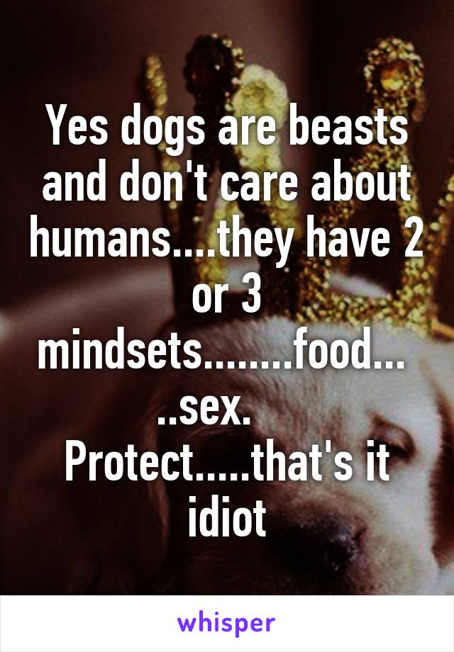 Yes dogs are beasts and don't care about humans....they have 2 or 3 mindsets........food...  ..sex.     Protect.....that's it idiot