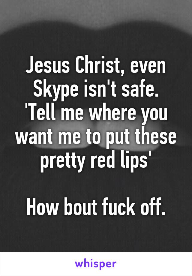 Jesus Christ, even Skype isn't safe.
'Tell me where you want me to put these pretty red lips'

How bout fuck off.