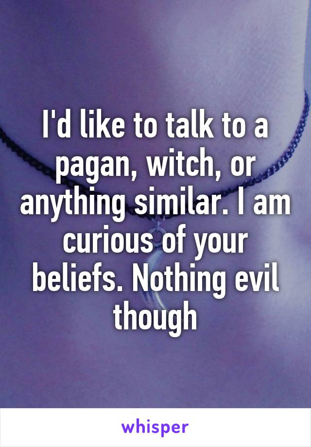 I'd like to talk to a pagan, witch, or anything similar. I am curious of your beliefs. Nothing evil though