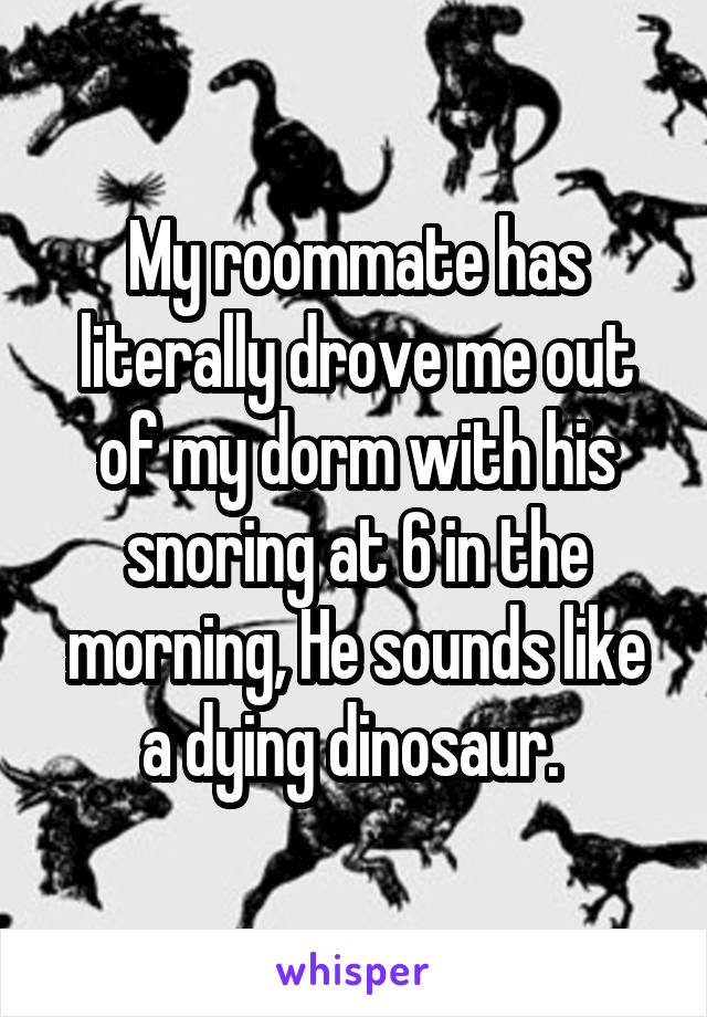 My roommate has literally drove me out of my dorm with his snoring at 6 in the morning, He sounds like a dying dinosaur. 
