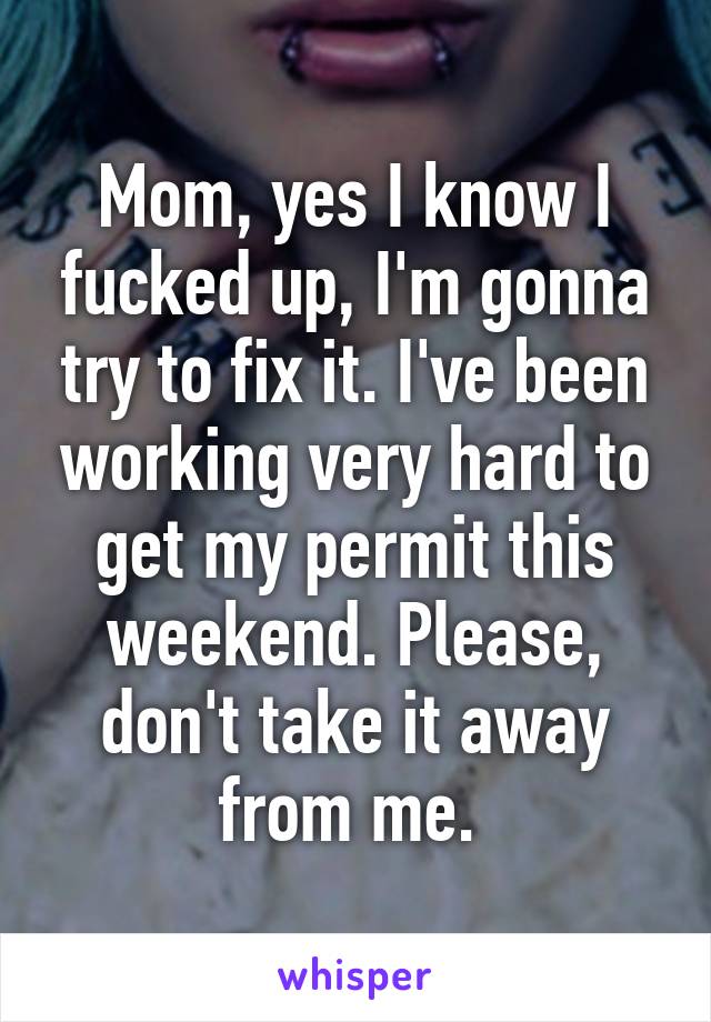 Mom, yes I know I fucked up, I'm gonna try to fix it. I've been working very hard to get my permit this weekend. Please, don't take it away from me. 