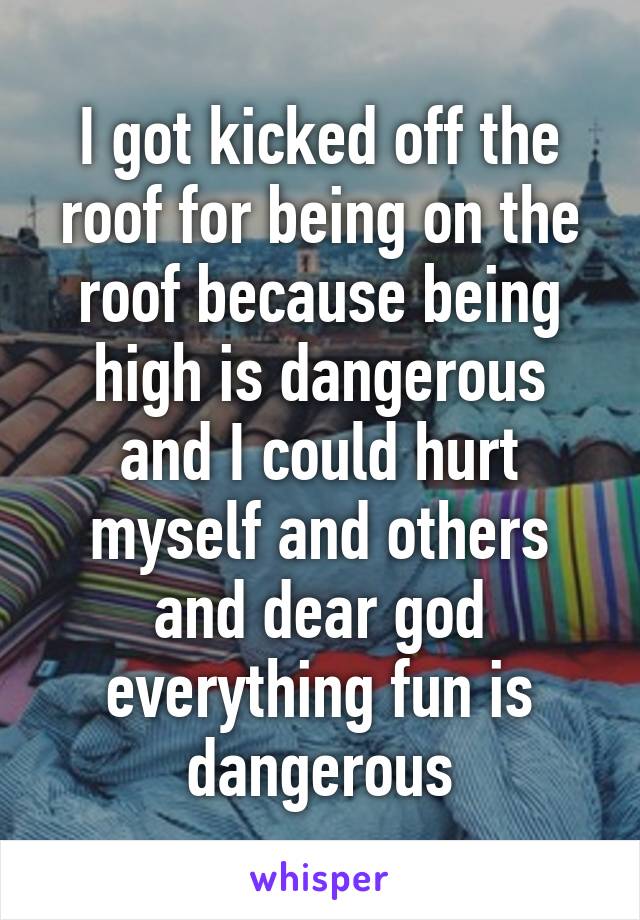 I got kicked off the roof for being on the roof because being high is dangerous and I could hurt myself and others and dear god everything fun is dangerous