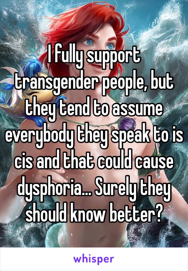 I fully support transgender people, but they tend to assume everybody they speak to is cis and that could cause dysphoria... Surely they should know better? 