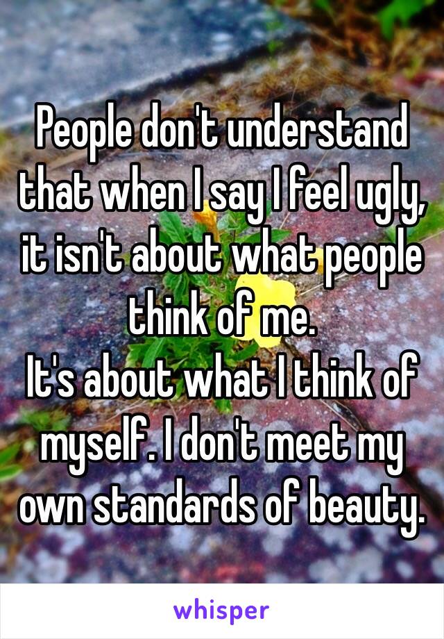 People don't understand that when I say I feel ugly, it isn't about what people think of me.
It's about what I think of myself. I don't meet my own standards of beauty.