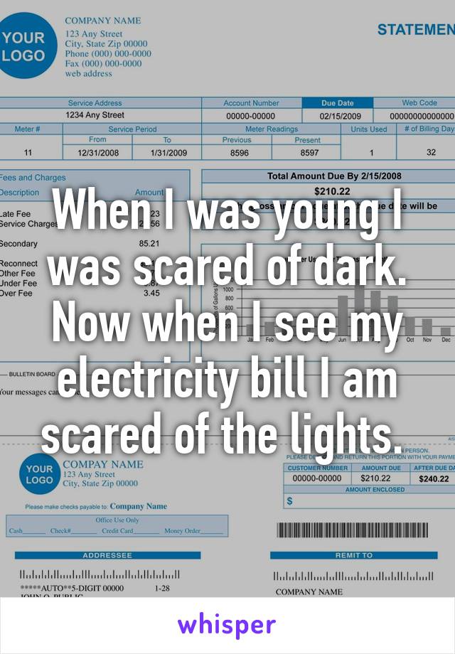 When I was young I was scared of dark. Now when I see my electricity bill I am scared of the lights. 