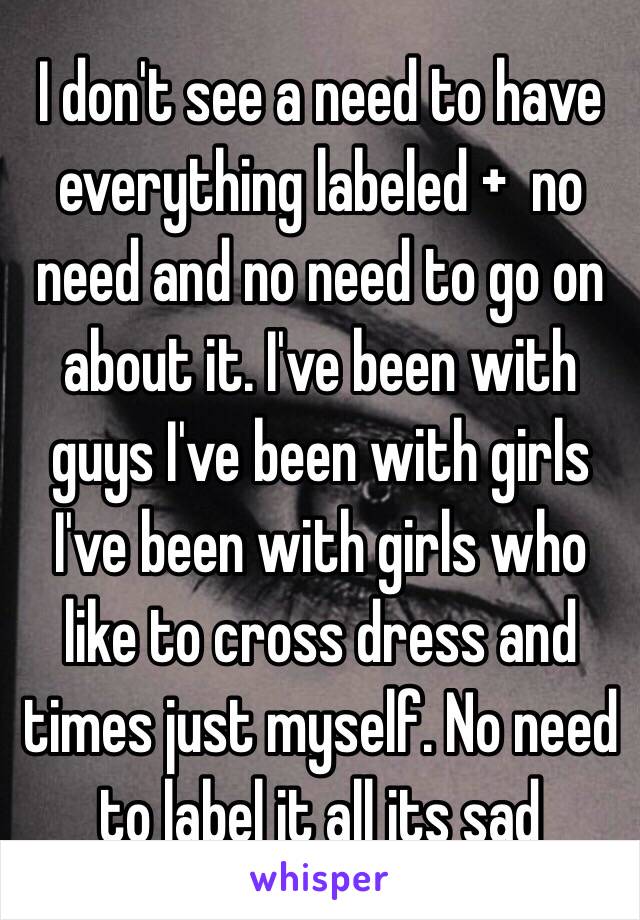 I don't see a need to have everything labeled +  no need and no need to go on about it. I've been with guys I've been with girls I've been with girls who like to cross dress and times just myself. No need to label it all its sad