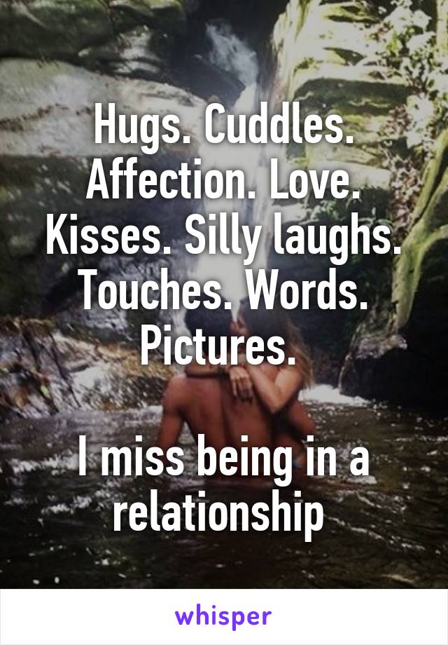 Hugs. Cuddles. Affection. Love. Kisses. Silly laughs. Touches. Words. Pictures. 

I miss being in a relationship 