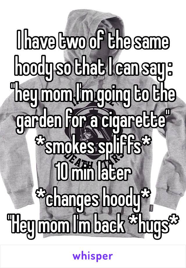 I have two of the same hoody so that I can say : "hey mom I'm going to the garden for a cigarette" 
*smokes spliffs* 
10 min later 
*changes hoody* 
"Hey mom I'm back *hugs*