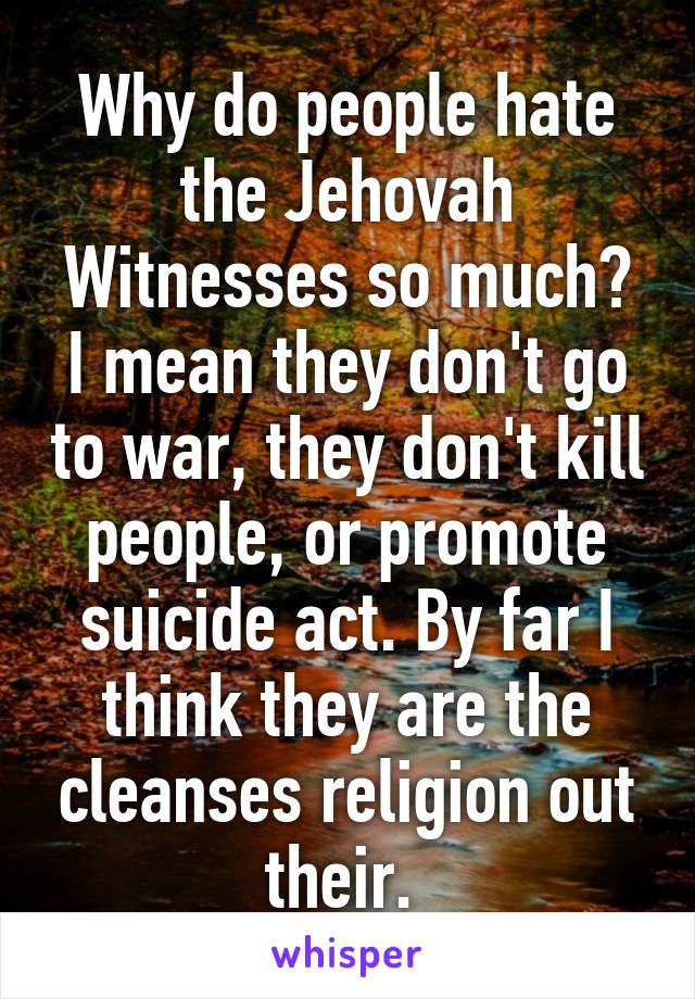 Why do people hate the Jehovah Witnesses so much?
I mean they don't go to war, they don't kill people, or promote suicide act. By far I think they are the cleanses religion out their. 