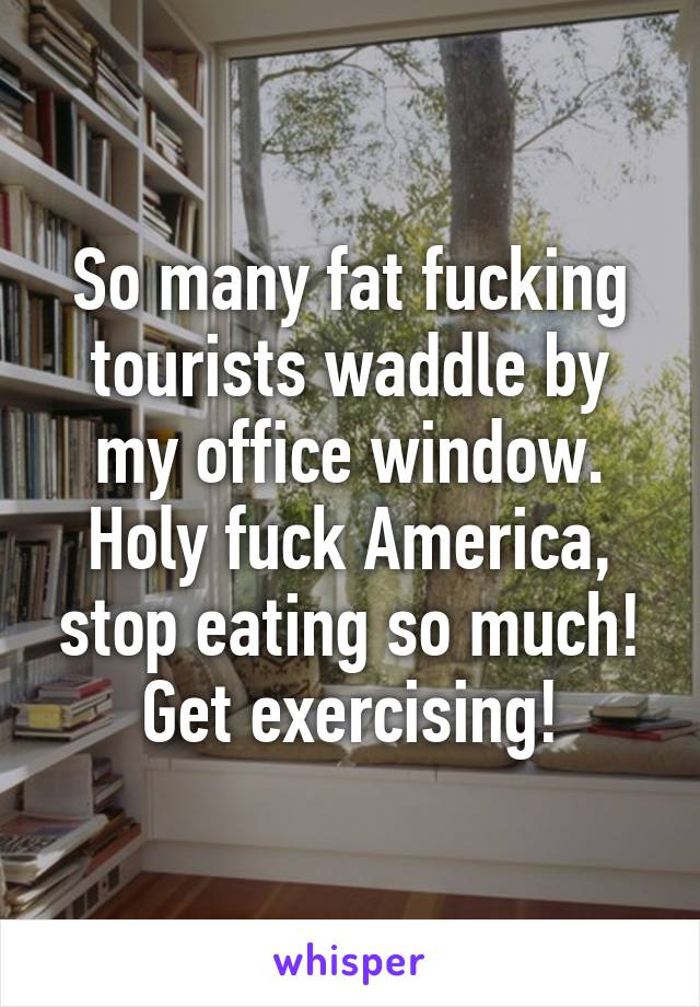 So many fat fucking tourists waddle by my office window. Holy fuck America, stop eating so much! Get exercising!